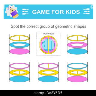 Trovare il gruppo corretto di forme geometriche. Gioco logico. Attività di attenzione per i bambini. Foglio di lavoro stampabile. Illustrazione Vettoriale