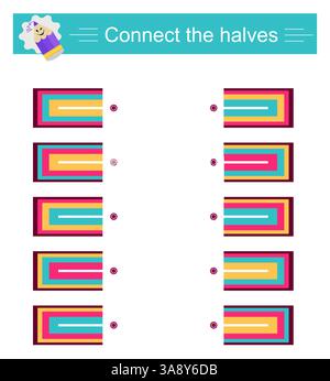 Gioco di logica. Materiale educativo per bambini. Dobbiamo trovare le metà delle forme geometriche. Illustrazione vettoriale. Illustrazione Vettoriale