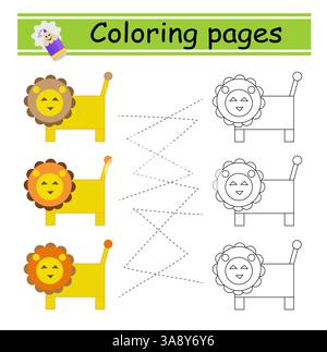 Gioco educativo per bambini. Attraversa il labirinto e colora un leone cartoni animati in base al motivo. Illustrazione vettoriale. Illustrazione Vettoriale