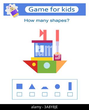 Attività matematica per bambini. Sviluppo di competenze di calcolo. Contare quanti triangoli, rettangoli, cerchi. Illustrazione vettoriale. Illustrazione Vettoriale