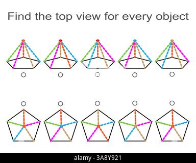 Puzzle game. Compito per lo sviluppo dell'attenzione e della logica. È necessario trovare la vista dall'alto corretta per ogni oggetto. Test di formazione IQ. Illustrazione Vettoriale