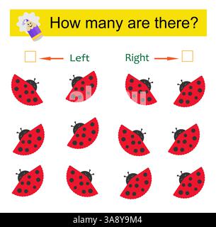 Sinistra o destra. Gioco educativo per bambini. Contare quanti insetti sono girati a sinistra e quanti sono girati a destra. Illustrazione vettoriale. Illustrazione Vettoriale