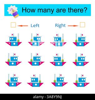 Sinistra o destra. Gioco educativo per bambini. Conta quante navi sono girate a sinistra e quante sono girate a destra. Illustrazione vettoriale. Illustrazione Vettoriale