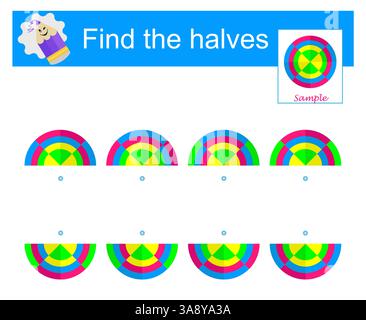 Gioco di logica. Materiale educativo per bambini. Dobbiamo trovare le metà delle forme geometriche. Illustrazione vettoriale. Illustrazione Vettoriale