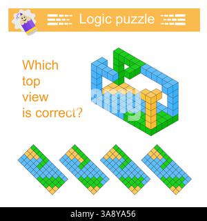 Quale vista dall'alto è corretta? Puzzle logico. Test di formazione IQ. Foglio di lavoro stampabile. Illustrazione Vettoriale