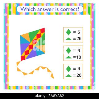 Attività matematica per bambini. È necessario trovare la risposta corretta. Aquilone cartoni animati. Attività del foglio di lavoro in età prescolare. Illustrazione Vettoriale