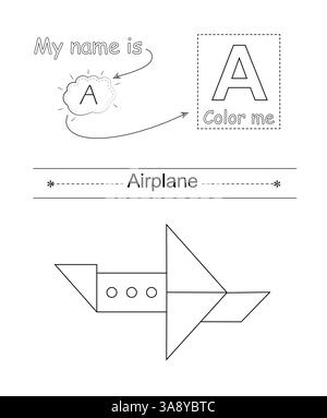 Colora la lettera e l'immagine. Gioco educativo per bambini. Alfabeto da colorare. Lettera A e aereo cartoni animati. Illustrazione Vettoriale