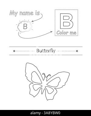 Colora la lettera e l'immagine. Gioco educativo per bambini. Alfabeto da colorare. Lettera B e farfalla carina. Illustrazione Vettoriale
