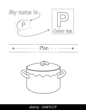 Colora la lettera e l'immagine. Gioco educativo per bambini. Alfabeto da colorare. Lettera P e padella divertente. Illustrazione Vettoriale