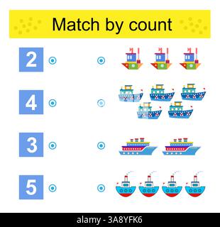 Attività matematica per bambini. Sviluppo di competenze di calcolo. Conta le navi e abbina i numeri. Illustrazione vettoriale. Illustrazione Vettoriale