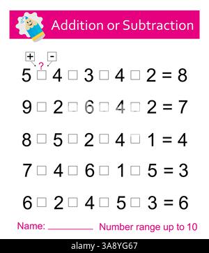 Attività matematica per bambini. Sviluppo di competenze di calcolo. Intervallo numerico fino a 10. Foglio di lavoro stampabile. Illustrazione vettoriale Illustrazione Vettoriale