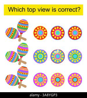 Gioco educativo per bambini. Ho bisogno di trovare la vista dall'alto per ogni maraca. Illustrazione vettoriale. Illustrazione Vettoriale