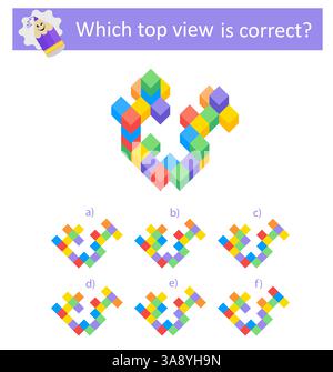 Gioco di logica. Quale vıew superiore è corretto? Test di formazione IQ. Foglio di lavoro stampabile. Illustrazione vettoriale. Illustrazione Vettoriale