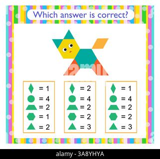 Attività matematica per bambini. È necessario trovare la risposta corretta. Animale da cartone animato. Attività del foglio di lavoro in età prescolare. Illustrazione Vettoriale