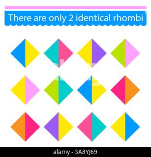 Puzzle per bambini. Compito per lo sviluppo dell'attenzione e della logica. Devo trovare due rombi identici. Illustrazione vettoriale. Illustrazione Vettoriale