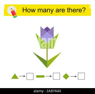 Attività matematica per bambini. Quante forme geometriche? Fiore viola cartoni animati. Illustrazione vettoriale. Illustrazione Vettoriale
