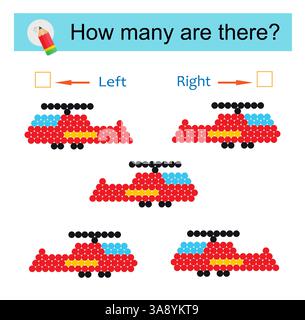 Sinistra o destra. Gioco educativo per bambini. Contare quanti elicotteri sono girati a sinistra e quanti sono girati a destra. Illustrazione vettoriale. Illustrazione Vettoriale