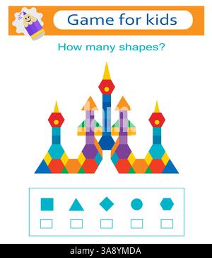 Gioco educativo per bambini. Conta quanti triangoli, quadrati, rombo, cerchi. Illustrazione Vettoriale
