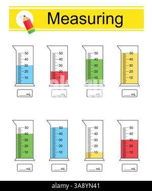 Gioco educativo per bambini. Misurazione del volume del bicchiere. Foglio di lavoro. Illustrazione vettoriale. Illustrazione Vettoriale