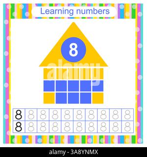 Attività del foglio di lavoro in età prescolare. Traccia linee tratteggiate. Numero di fogli di lavoro per i bambini per esercitarsi a scrivere i numeri. Numero 8. Illustrazione vettoriale. Diam. Piatto Illustrazione Vettoriale