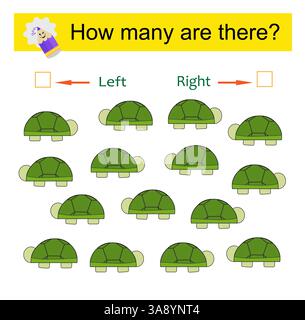Sinistra o destra. Gioco educativo per bambini. Contare quante tartarughe sono girate a sinistra e quante sono girate a destra. Illustrazione vettoriale. Illustrazione Vettoriale