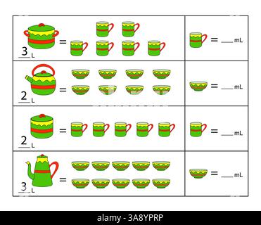 Gioco educativo per bambini. Scrivere la capacità di ogni stoviglie. Foglio di lavoro. Illustrazione Vettoriale
