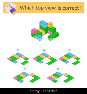 Gioco di logica. Quale vıew superiore è corretto? Test di formazione IQ. Foglio di lavoro stampabile. Illustrazione vettoriale. La risposta è D. Illustrazione Vettoriale