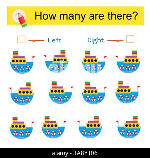 Attività matematica per bambini. Sviluppo di competenze di calcolo. Nave dei cartoni animati. Illustrazione vettoriale. Illustrazione Vettoriale