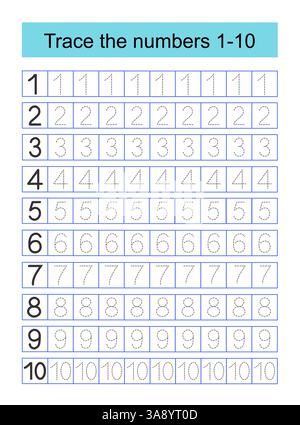 Materiale educativo per bambini. Attività del foglio di lavoro in età prescolare. Traccia linee tratteggiate. Numero di fogli di lavoro per i bambini per esercitarsi a scrivere i numeri. Numeri Illustrazione Vettoriale
