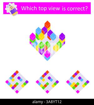 Gioco di logica per bambini. Quale vıew superiore è corretto? Test di formazione IQ. Foglio di lavoro stampabile. Illustrazione vettoriale. Illustrazione Vettoriale