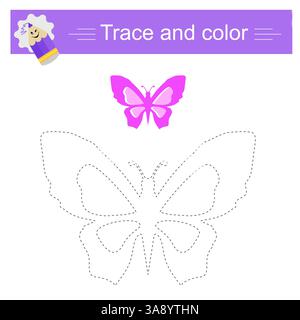 Traccia e colore per bambini. La farfalla, illustrazione vettoriale. Foglio di lavoro prescolare per esercitarsi con abilità motorie di precisione. Design piatto. Illustrazione Vettoriale