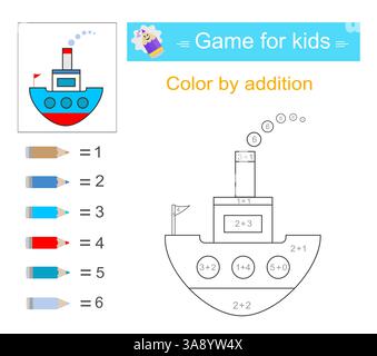 Colore per aggiunta. Attività matematica per bambini. Sviluppo di competenze di calcolo. Intervallo numerico fino a 10. Illustrazione Vettoriale