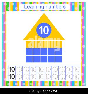 Foglio di lavoro didattico per i bambini in età prescolare. Pratica di scrittura a mano. Numero 10. Illustrazione Vettoriale