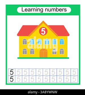 Attività del foglio di lavoro in età prescolare. Traccia linee tratteggiate. Numero di fogli di lavoro per i bambini per esercitarsi a scrivere i numeri. Numero 5. Illustrazione vettoriale. Illustrazione Vettoriale