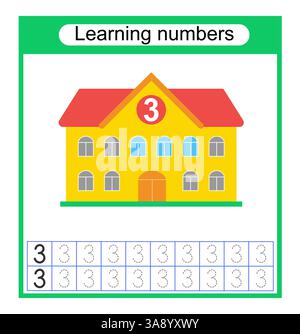 Attività del foglio di lavoro in età prescolare. Traccia linee tratteggiate. Numero di fogli di lavoro per i bambini per esercitarsi a scrivere i numeri. Numero 3. Illustrazione vettoriale. Illustrazione Vettoriale