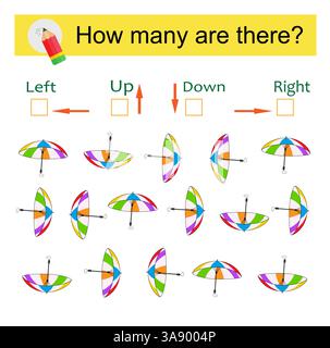 Sinistra o destra. Gioco di logica per bambini. Conta quanti ombrelli sono girati a sinistra e quanti sono girati a destra, anche su e giù. Illustrazione Vettoriale