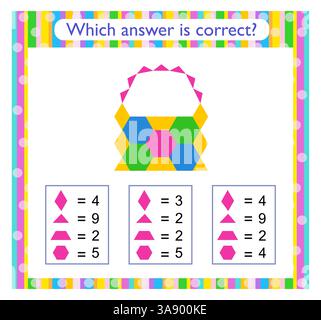 Attività matematica per bambini. È necessario trovare la risposta corretta. Cestino di vimini dei cartoni animati. Attività del foglio di lavoro in età prescolare. Illustrazione Vettoriale
