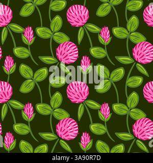 Un motivo senza cuciture caratterizzato da vivaci fiori di trifoglio rosso, disposti in modo complesso per creare un look armonioso e naturale. Il design mostra la lussureggiante greene Illustrazione Vettoriale