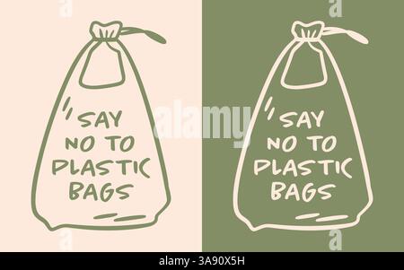 Dite no ai sacchetti di plastica Earth Day cita concetto ecologico disegno estetico verde illustrazione abitudine attivista del clima stampa prodotti senza plastica. Illustrazione Vettoriale