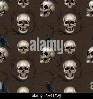 Teschi umani, corvi neri, rami secchi, motivo senza cuciture. Ripetere l'illustrazione dell'acquerello isolata su sfondo marrone. Stile gotico per Halloween e. Foto Stock