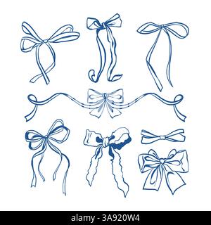 Set di fiocco in stile vintage. Doodle contorno arco. Crea eleganti elementi blu. Illustrazione vettoriale Illustrazione Vettoriale
