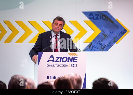 Roma, Italia. 29 marzo 2025. Carlo Calenda, leader dell'azione, parla al congresso del partito a Roma. Credito: SOPA Images Limited/Alamy Live News Foto Stock