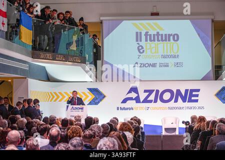 Roma, Italia. 29 marzo 2025. Carlo Calenda, leader dell'azione, parla al congresso del partito a Roma. Credito: SOPA Images Limited/Alamy Live News Foto Stock