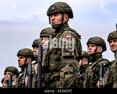 Limanowa, Polonia. 29 marzo 2025. I soldati della forza di difesa territoriale partecipano all'apertura del complesso militare del 114th Light Infantry Battalion a Limanowa. La forza di difesa territoriale (TDF), o Wojska Obrony Terytorialnej (WOT), è il quinto ramo delle forze armate polacche, composto da soldati volontari professionisti e part-time, focalizzati sulla difesa del territorio polacco e sul sostegno alle agenzie civili durante la pace. Crediti: Dominika Zarzycka/Alamy Live News Foto Stock