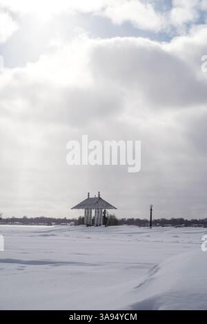 Ampia ripresa di un gazebo in un campo innevato sotto un cielo nuvoloso, con sfumature di verde e alberi sullo sfondo lontano in inverno in Canada. Foto Stock