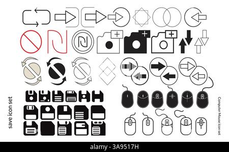 Semplice set di icone lineari per floppy disk e grafica vettoriale per icone del mouse per computer Illustrazione Vettoriale