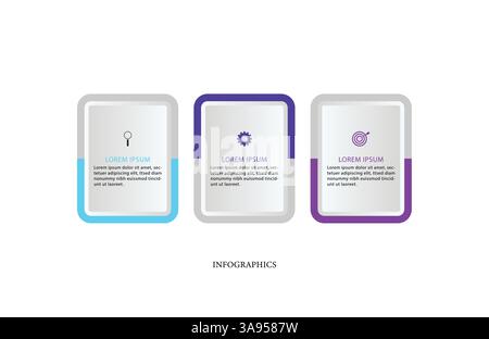 Infografica aziendale processo di linea sottile con progettazione di modelli quadrati. Processi della cronologia con 3 opzioni, fasi o parti. Illustrazione Vettoriale