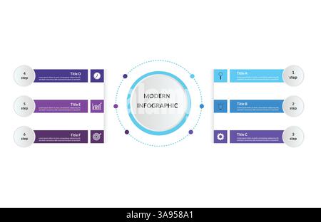 Modello infografico aziendale. Processo a linee sottili con design a template quadrati con opzioni o passaggi di numero 6 Illustrazione Vettoriale