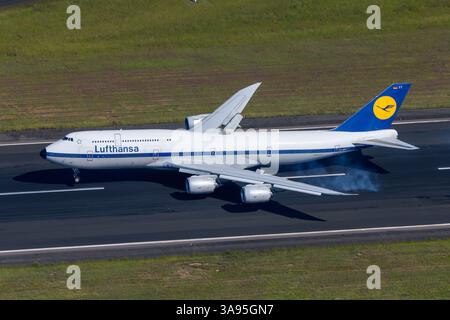 Aereo Boeing 747-8i Lufthansa in livrea retrò atterrando all'aeroporto JNB. Deutsche Lufthansa vecchia livrea su un aeromobile B747 registrato come D-ABYT. Foto Stock
