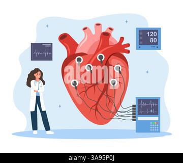 Concetto di elettrocardiografia. Cure cardiache e diagnostica medica. Cardiologa donna ricerca malattie. Illustrazione del vettore piatto Illustrazione Vettoriale